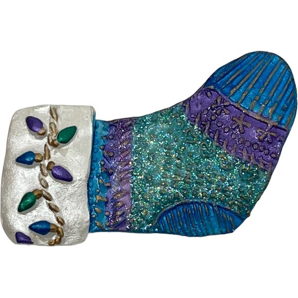 Vintage Handcrafted Christmas Stocking Brooch Pin Purple Teal Holiday Glitter - Picture 3 of 7